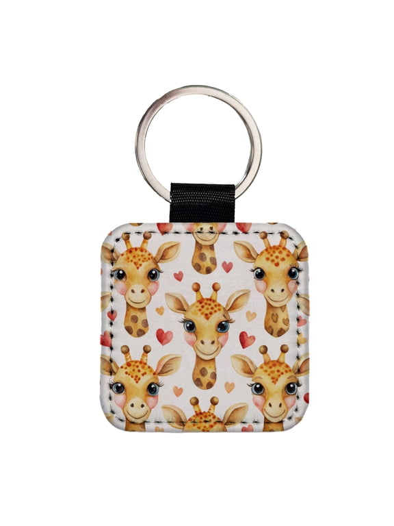 Cute Giraffe Faces Hearts Faux Leather Square Keychain