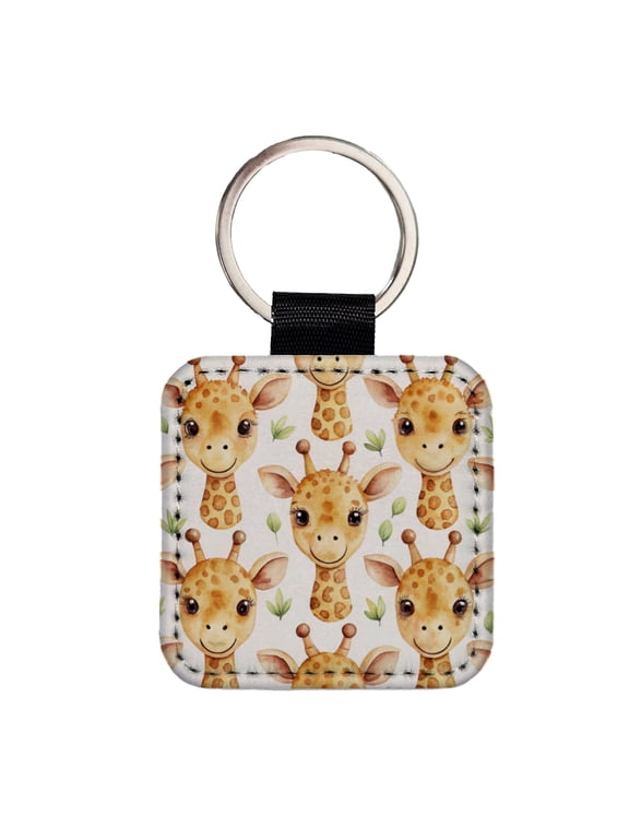 Cute Giraffe Faces Watercolor Faux Leather Square Keychain