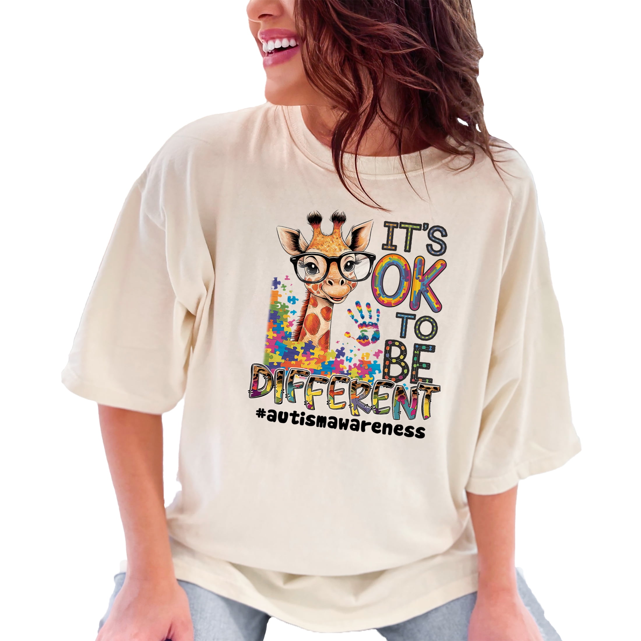 Cute Giraffe with Glasses, It's OK to be Different, Autism Awareness T-Shirt, Colorful Puzzle Pieces, Inspirational Tee, Ivory Comfort Colors T-Shirt, Large