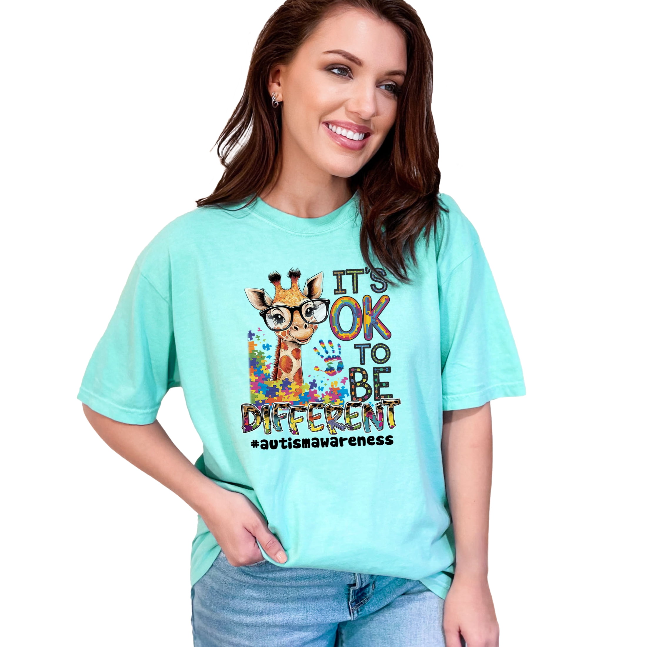 Cute Giraffe with Glasses, It's OK to be Different, Autism Awareness T-Shirt, Colorful Puzzle Pieces, Inspirational Tee, Chalky Mint Comfort Colors T-Shirt, Medium