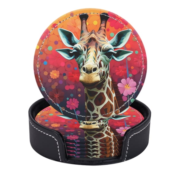 PU Leather Coasters for Drinks Bar Beer,Set of 6 with Holder,Round Housewarming Gift,Cute Giraffe In The Style Of Colorful