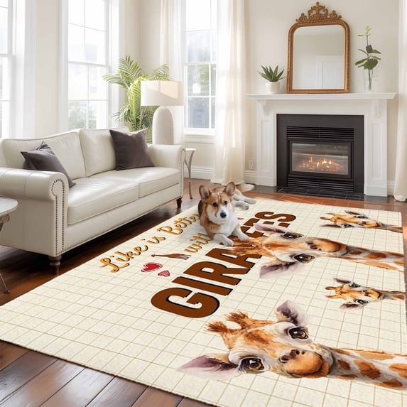 Cute Giraffe Large Area Rugs 6x9 ft Wildlife Animals Rustic Farmhouse Rustic Farmhouse Plaid Washable Rug Non Slip Indoor Carpet Absorbent Floor Mat for Living Room Bedroom Dining Room