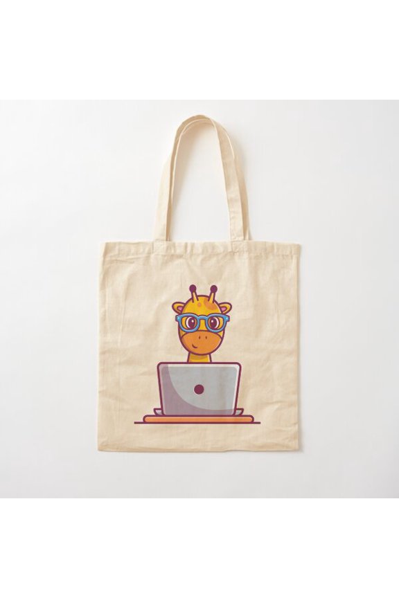 Cute Giraffe Operating Laptop Cartoon Canvas Tote Bags, Reusable Shopping Bag