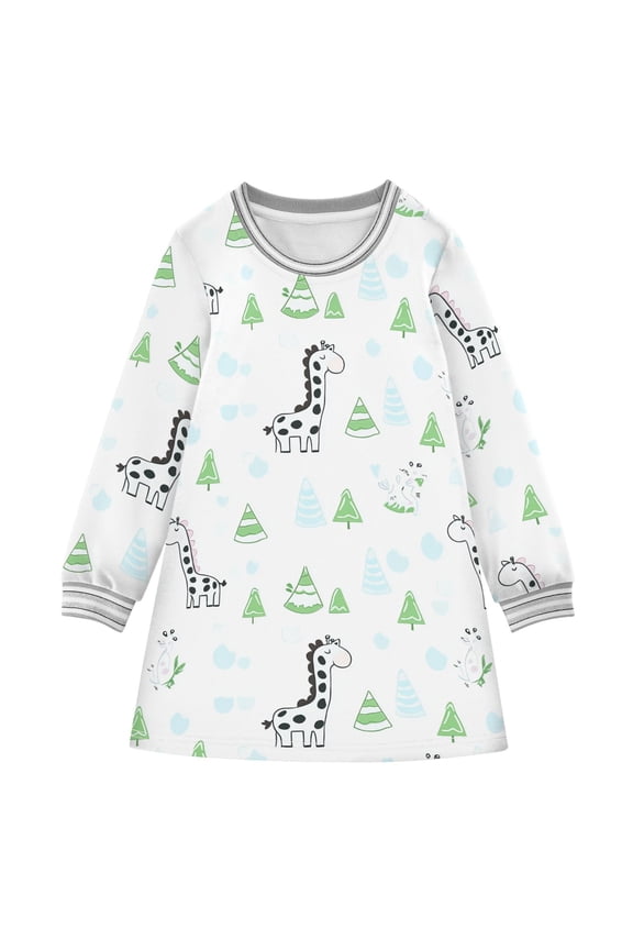 Cute Giraffe Pattern Girls'long-sleeved dress Thickened A-dress Warm Dress Basic Shirt Party Dresses