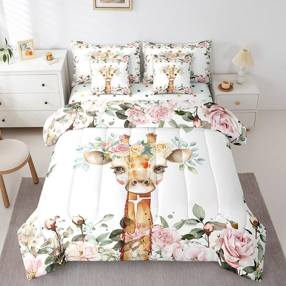 Cute Giraffe Queen Comforter Set 7-Piece Pink Rose Bedding Comforter Sets, Cartoon Animal Bed in a Bag Floral Flower Bedding Set, Wildlife Giraffe Bed Sheets Set Botanical Room Decor