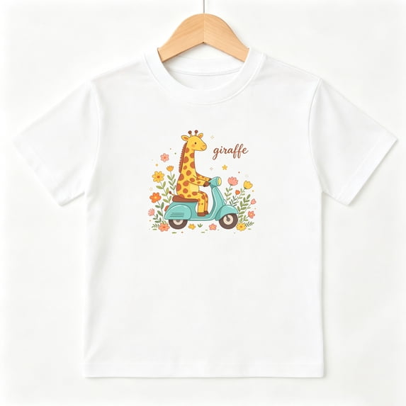Cute Giraffe Scooter Flowers Boys Graphic Tees Summer Kids T-Shirt 100% Cotton Short Sleeve Tops Ages 4-13Y