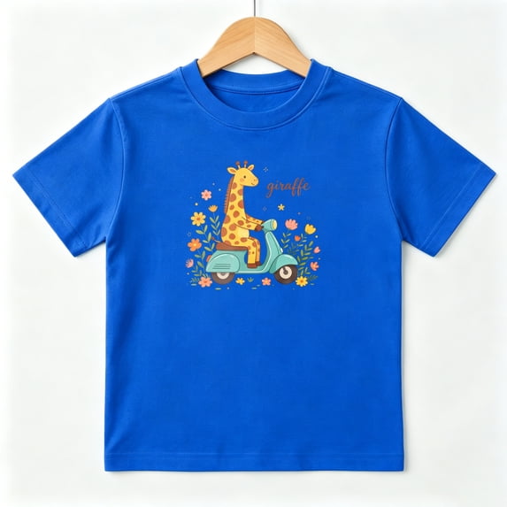 Cute Giraffe Scooter Flowers Boys Graphic Tees Summer Kids T-Shirt 100% Cotton Short Sleeve Tops Ages 4-13Y