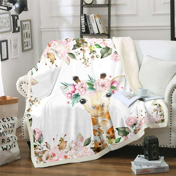 Cute Giraffe Throw Blanket Pink Rose Fleece Blanket Throw Size Girls Kids,Cartoon Animal Sherpa Blanket Floral Flower Plush Blanket,Wildlife Giraffe Skin Blanket Botanical Flannel Blanket