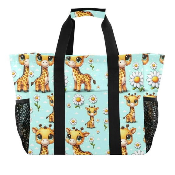 Cute Giraffe and Daisy Reusable Grocery Bags with Handle Side Pocket Waterproof Shopping Portable Tote