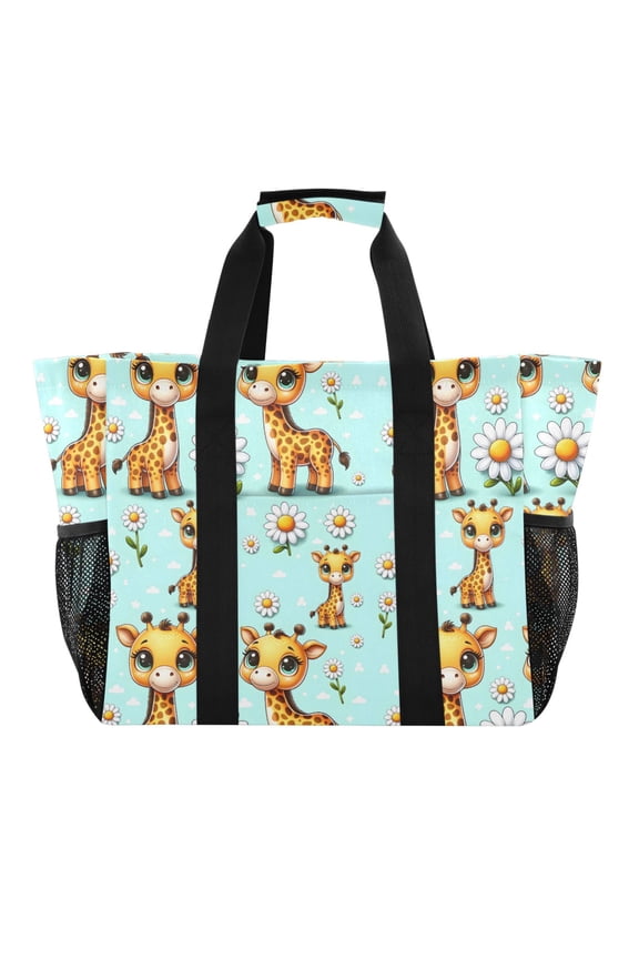 Cute Giraffe and Daisy Reusable Grocery Bags with Handle Side Pocket Waterproof Shopping Portable Tote