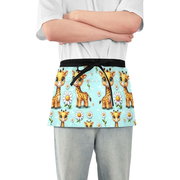 Cute Giraffe and Daisy Server Apron with 3 Pockets Waterproof Waitress Waist Short Apron for Man Woman 12 Inches