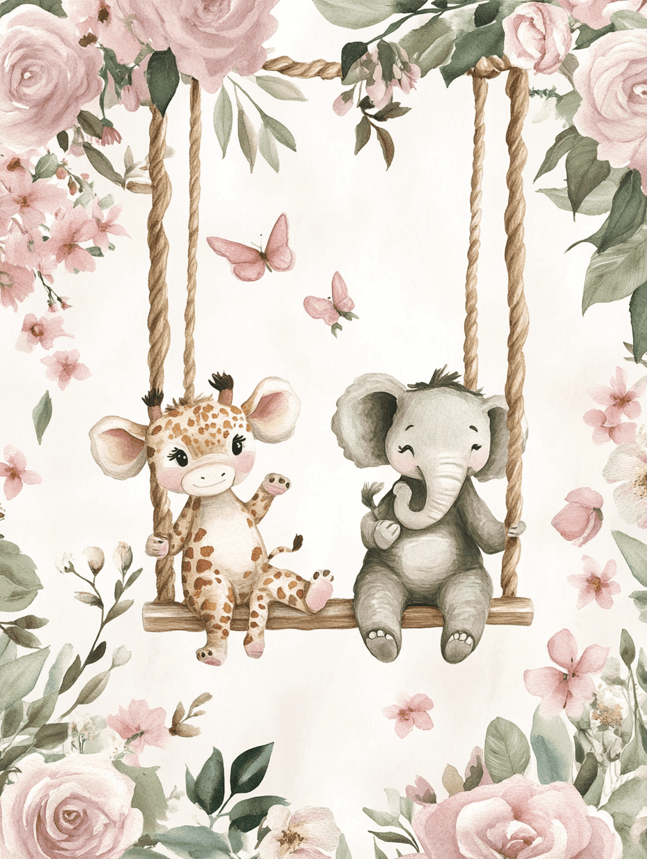 Cute Giraffe and Elephant Floral Canvas Wall Art， Perfect for Nursery