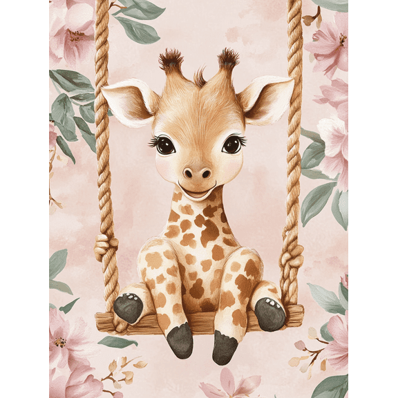 Cute Giraffe on Swing Floral Canvas Art Print Suitable for Nursery Decor Living Room Decor Bedroom Decor Girl's Room Decor and Baby Room Decor.