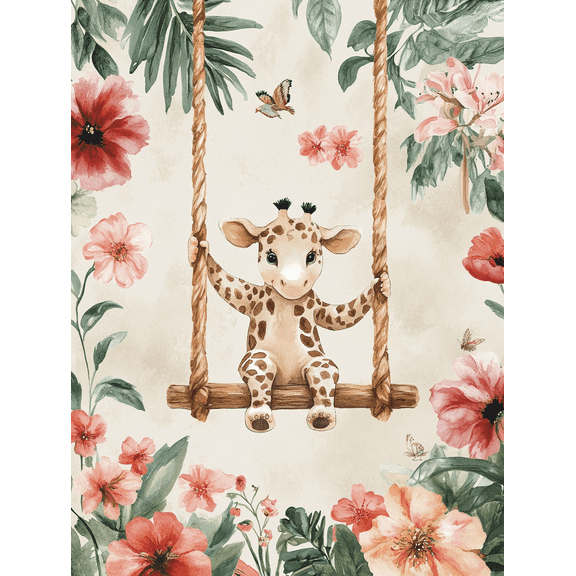 Cute Giraffe on Swing Tropical Floral Canvas Wall Art Perfect for Living Room Bedroom Nursery Bathroom and Office Decor.