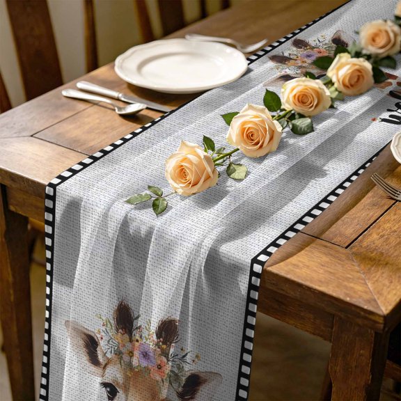 Cute Giraffes 4.5 ft Cheesecloth Table Runner for Wedding 19"x55", Welcome Words Animal Flower Film Boundary Linen Texture Kitchen Dinner Sheer Tulle Chiffon Dresser Scarf, Holiday Party Decorations