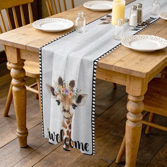 Cute Giraffes 4.5ft Cheesecloth Table Runner for Wedding 19"x55", Welcome Words Animal Flower Film Boundary Linen Texture Kitchen Dinner Sheer Tulle Chiffon Dresser Scarf, Holiday Party Decorations