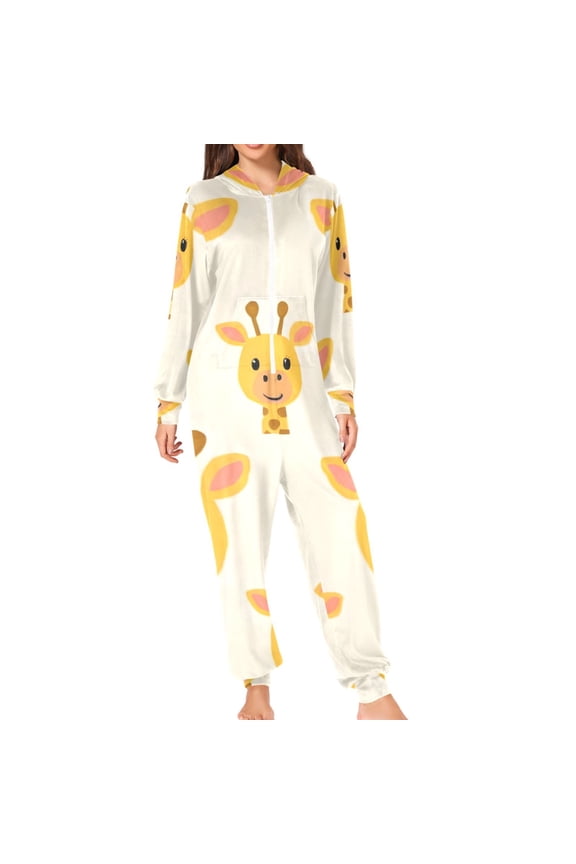 Cute Giraffes Faces Cartoon Adult's Hoodie Onesie Jumpsuit One-Piece Pajamas with Zipper Unisex for Holiday L