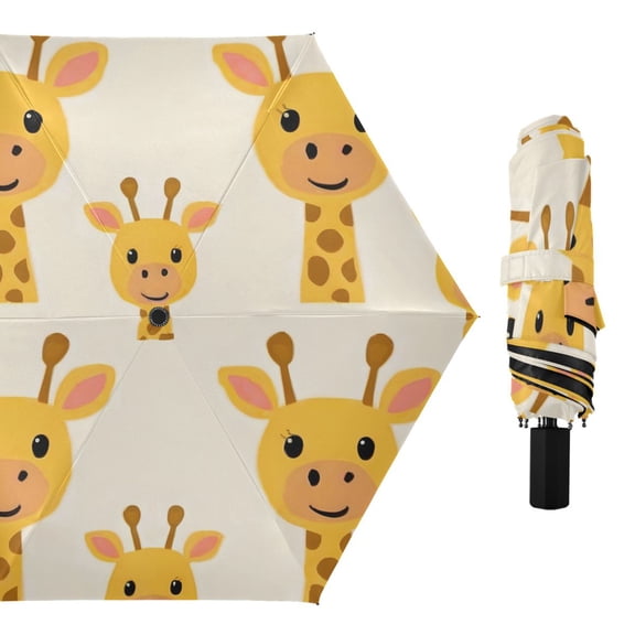 Cute Giraffes Faces Cartoon All Weather Umbrella Triple Folding Parasol 6 Ribs UV Protection Portable