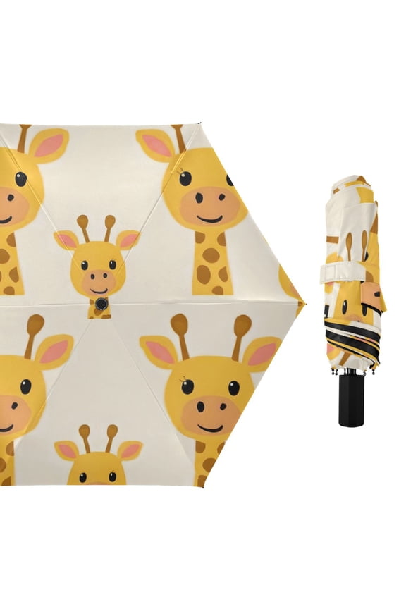 Cute Giraffes Faces Cartoon All Weather Umbrella Triple Folding Parasol 6 Ribs UV Protection Portable