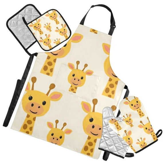 Cute Giraffes Faces Cartoon Apron Set with Oven Mitts Pot Holders Set of 5 Kitchen Stuff Accessories