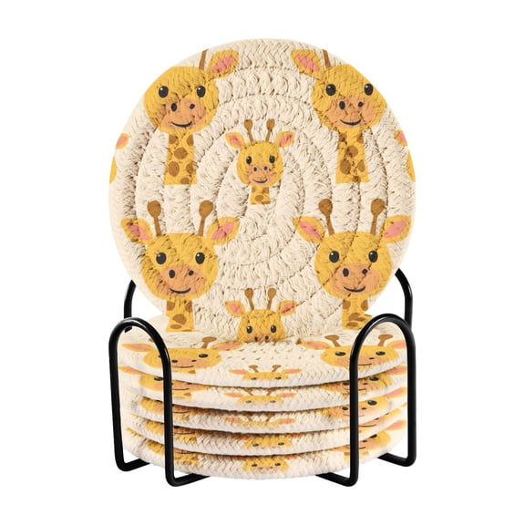 Cute Giraffes Faces Cartoon Drinking Coasters Cup Mat with Holder for Kitchen Cafe Bar 6 Packs