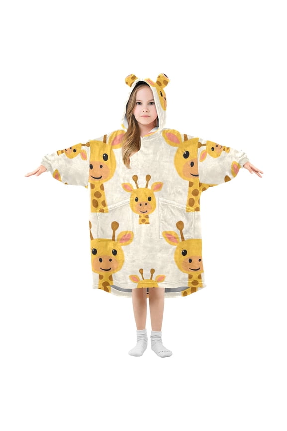 Cute Giraffes Faces Cartoon Flannel Wearable Blankets Hooded Design Long Sleeves Wrap Unisex for 3T-14Y M