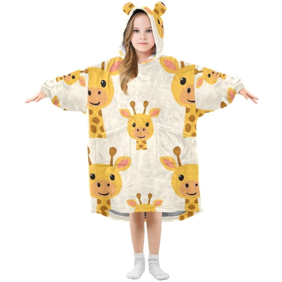 Cute Giraffes Faces Cartoon Flannel Wearable Blankets Hooded Design Long Sleeves Wrap Unisex for 3T-14Y S