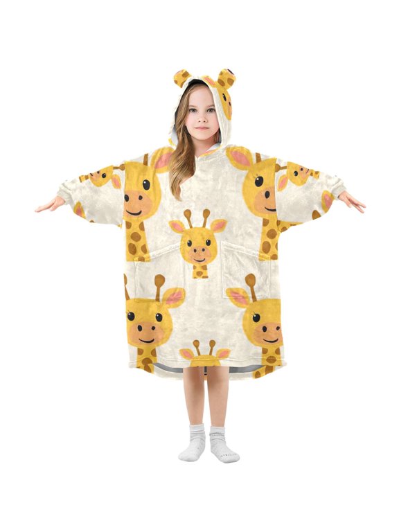 Cute Giraffes Faces Cartoon Flannel Wearable Blankets Hooded Design Long Sleeves Wrap Unisex for 3T-14Y S
