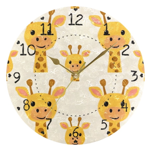 Cute Giraffes Faces Cartoon Round Wall Clock Silent Analog Battery Operated Gold Pointer Home Decor 9.84" Diameter
