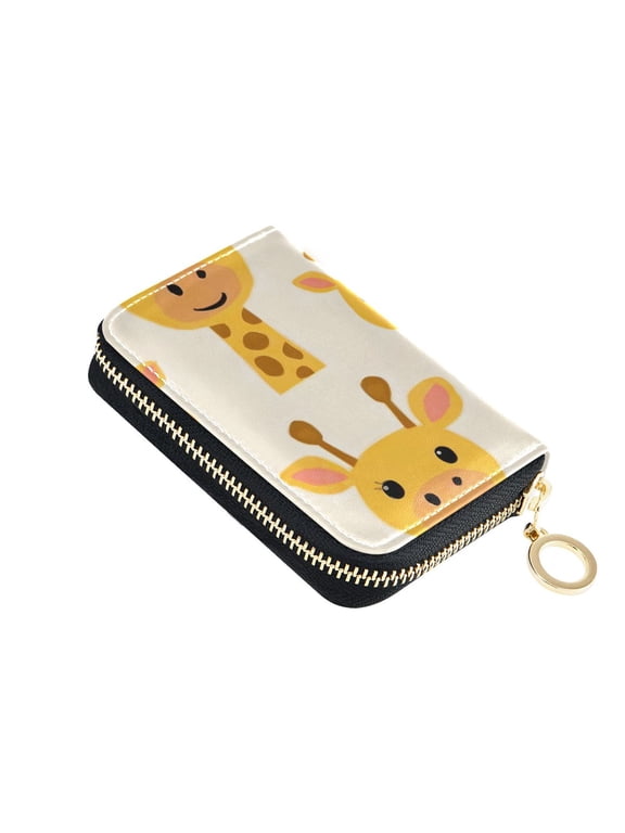 Cute Giraffes Faces Cartoon Women's Credit Card Holder PU Leather Zipper Wallet RFID Blocking