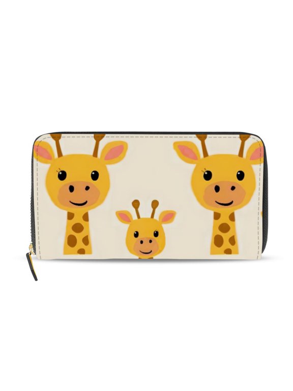 Cute Giraffes Faces Cartoon Women's Long Zipper Wallet Bifold Clutch Purse PU Leather Card Cases