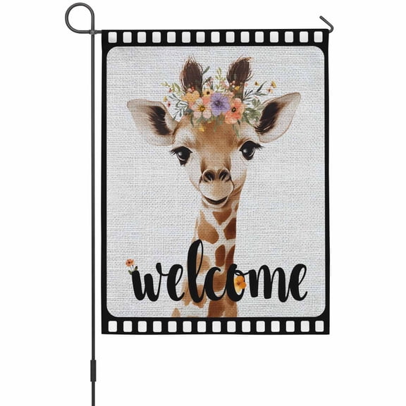 Cute Giraffes Garden Flag 12 x 18 Inches, Welcome Words Animal Flower Film Boundary Linen Texture Weather Proof Outdoor Patio Flags Double Sided Small Garden Decoration for Yard Outside Home