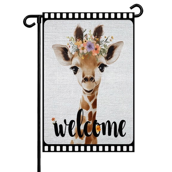 Cute Giraffes Garden Flag 12x18 Inch Welcome Words Animal Flower Film Boundary Linen Texture Double Sided Small Decorative Garden Flags for Outside, Outdoor Yard Porch Lawn Decoration
