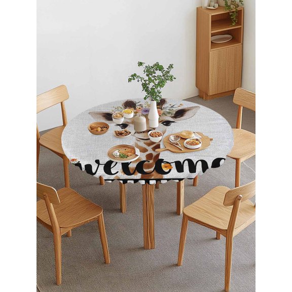 Cute Giraffes Round Fitted Tablecloth with Elastic Edge, Welcome Words Animal Flower Film Boundary Linen Texture Waterproof Stretch Table Covers for 45"-54" Tables Wipeable Table Cloth for Outdoor