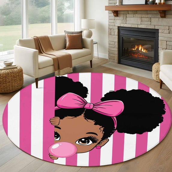 Cute Girl 7ft Round Rug for Living Room Conversation Area, Pink White ...