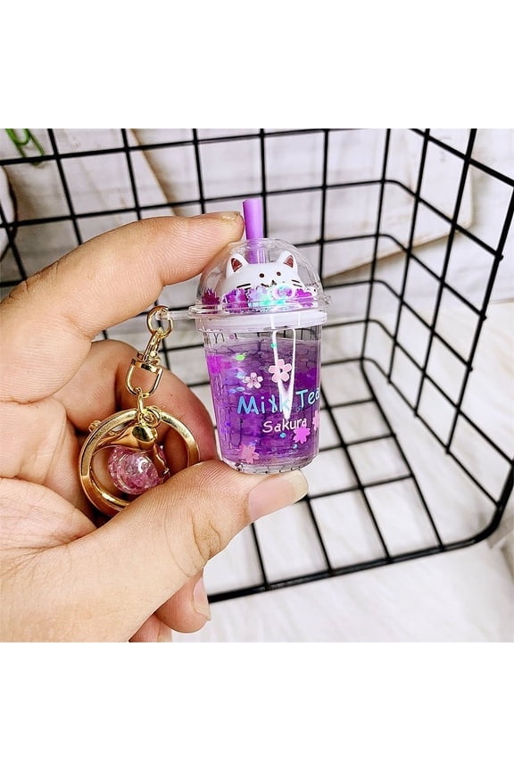 Cute Girl Acrylic Keychain with Milk Tea Cat Cup Design, Unisex Key Chain Accessory