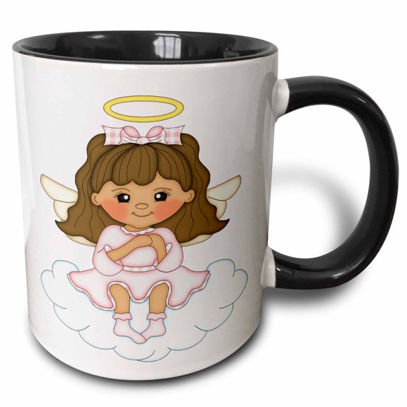 3drose, Cute Girl Angel in Pink Sitting on a Cloud, 15oz Two-tone Black Mug