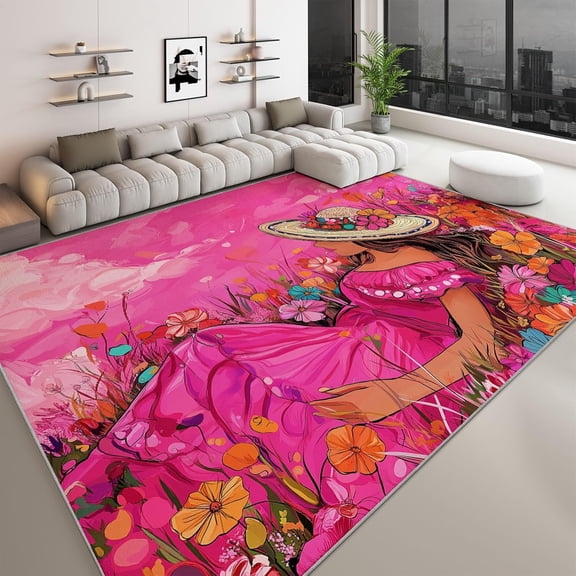 Cute Girl Area Rugs, Cute Girl Flower Field Carpet, Washable Non Slip Low Pile Soft Rug for Living Room Bedroom Entryway Decor Mat 5x8ft