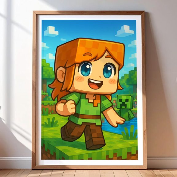 Cute Girl Block Character Adventure – Minecraft Inspired Kids Wall Art Poster Print 8x12 UNFRAMED