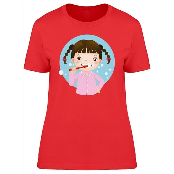 Cute Girl Brushing Her Teeth T-Shirt Women -Image by Shutterstock, Female Large