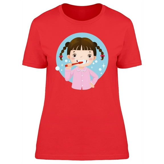 Cute Girl Brushing Her Teeth T-Shirt Women -Image by Shutterstock, Female Large