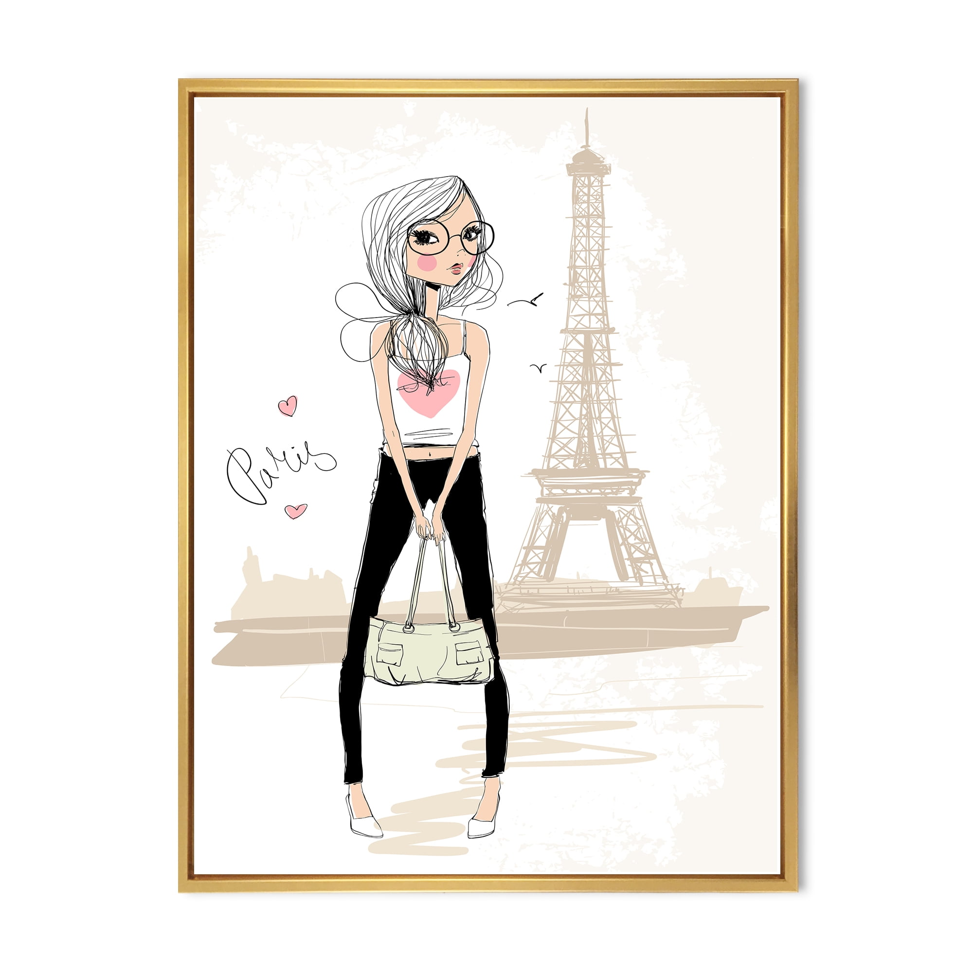 Cute Girl By The Tour Paris Eiffel Tower 12 in x 20 in Framed Painting Canvas Art Print, by Designart