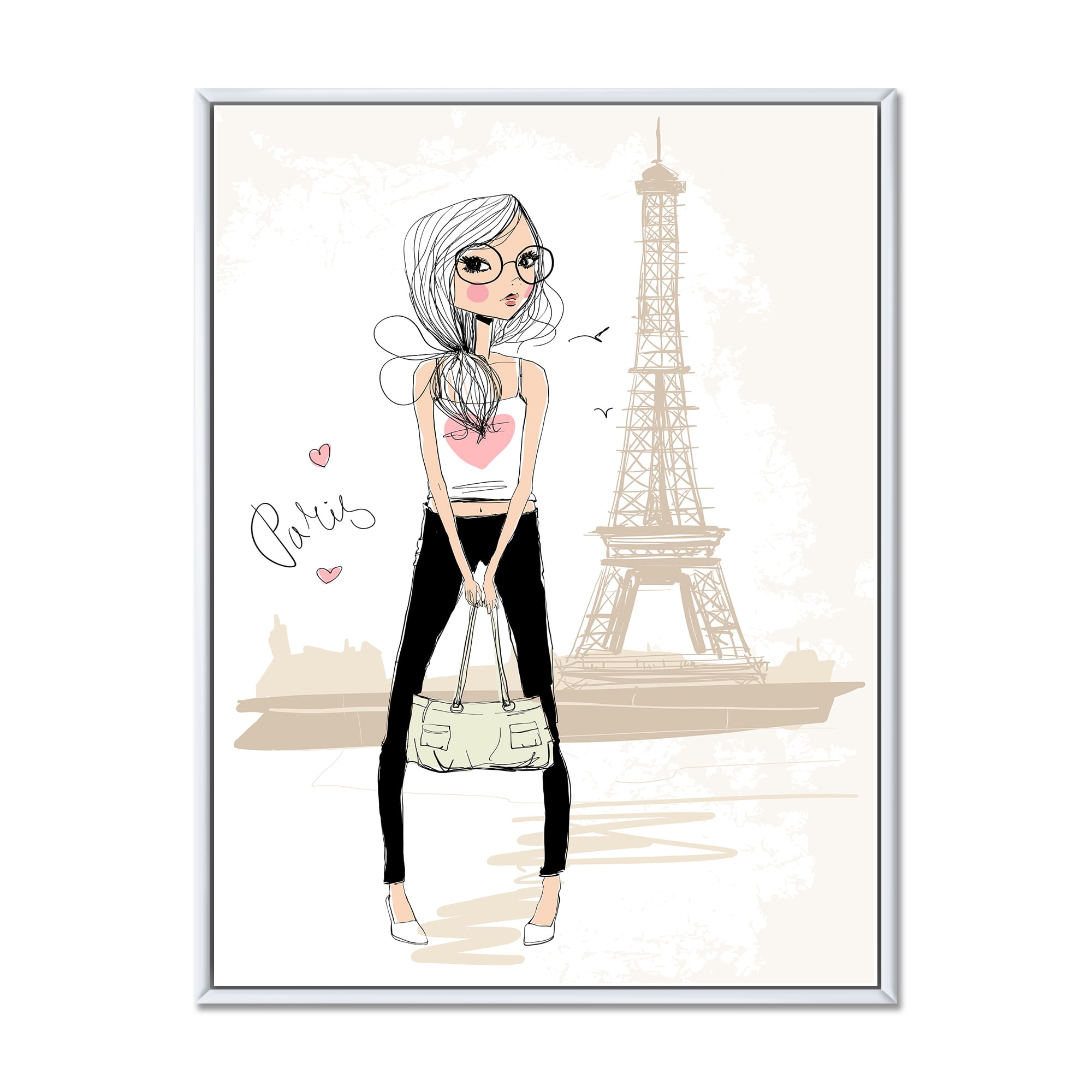 Cute Girl By The Tour Paris Eiffel Tower 24 in x 32 in Framed Painting Canvas Art Print, by Designart