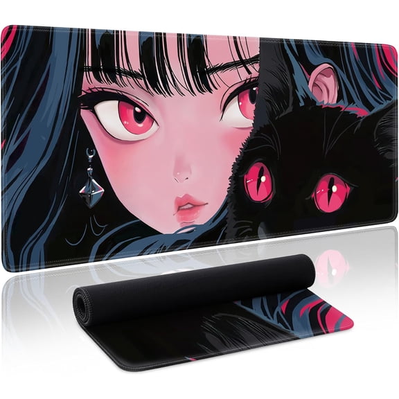 Cute Girl Cat Mouse Pad Anime Large Desk Mat Extended Keyboard Mouse Pad Kawaii Mousepad with Non-Slip Base and Stitched Edge Gaming Mouse Mat Desk Pad 31.5 X 11.8 in Mouse Pads for Desk Home Office