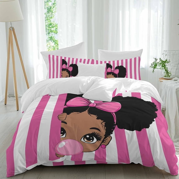Cute Girl Duvet Cover Set Queen Size, Pink White Stripe Bow Bubble Vintage Style 4 Piece Soft Microfiber Bedding Set with Zipper Closure, 1 Comforter Cover, 1 Flat Sheet, 2 Pillowcases