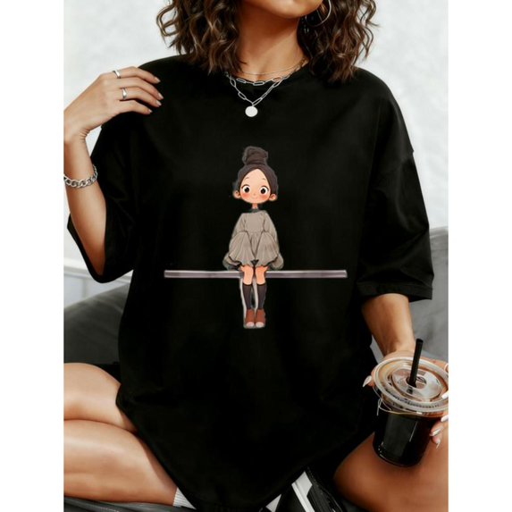 Cute Girl Graphic Tees, Vintage Printed T-Shirt & Casual Tops,Interesting design,Round neck,Classic,cotton,black,S-5XL