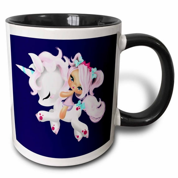 3drose, Cute Girl on a Pink Unicorn Illustration, 11oz Two-tone Black Mug