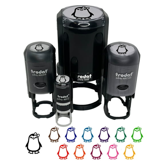 Cute Girl Penguin with Bow Self-Inking Rubber Stamp Ink Stamper - Black Ink - Mini 1/2 Inch