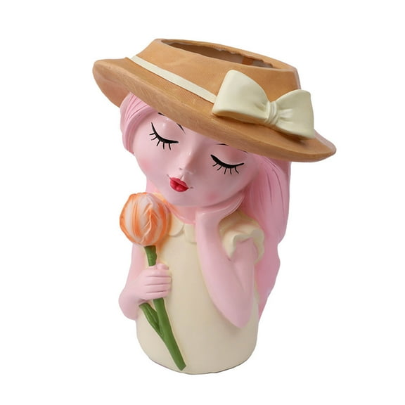 Cute Girl Planter Pot Resin Flower Head Planters - Head Planter with Drainage Hole, Resin Art Vase, Cute Girl with Flowers Succulent Flower Pots for Indoor Outdoor Plants, 9.4in