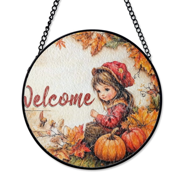 Cute Girl Pumpkin Stained Glass Suncatcher UV Printed Glass Rustic Fall Harvest Decor Gift Round